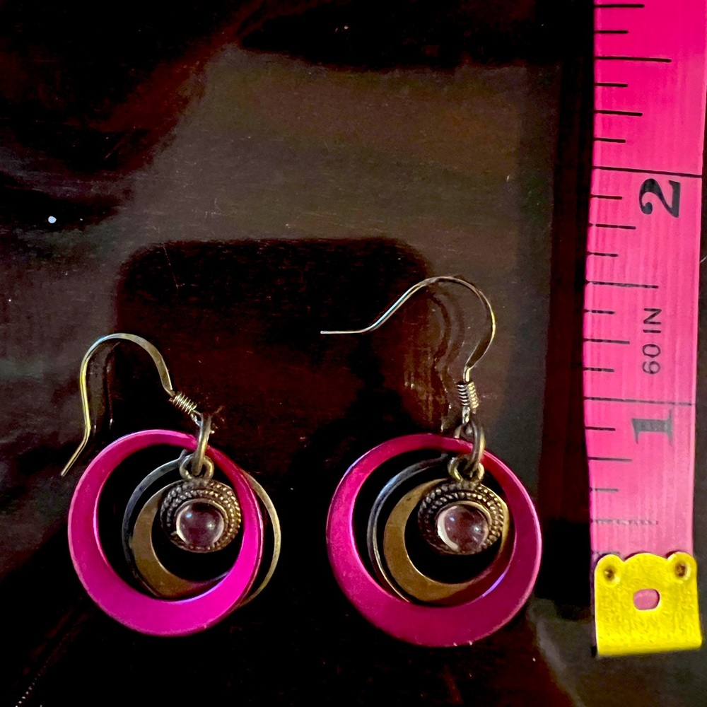 Hot pink and gold tone earrings. Flattering 2" length